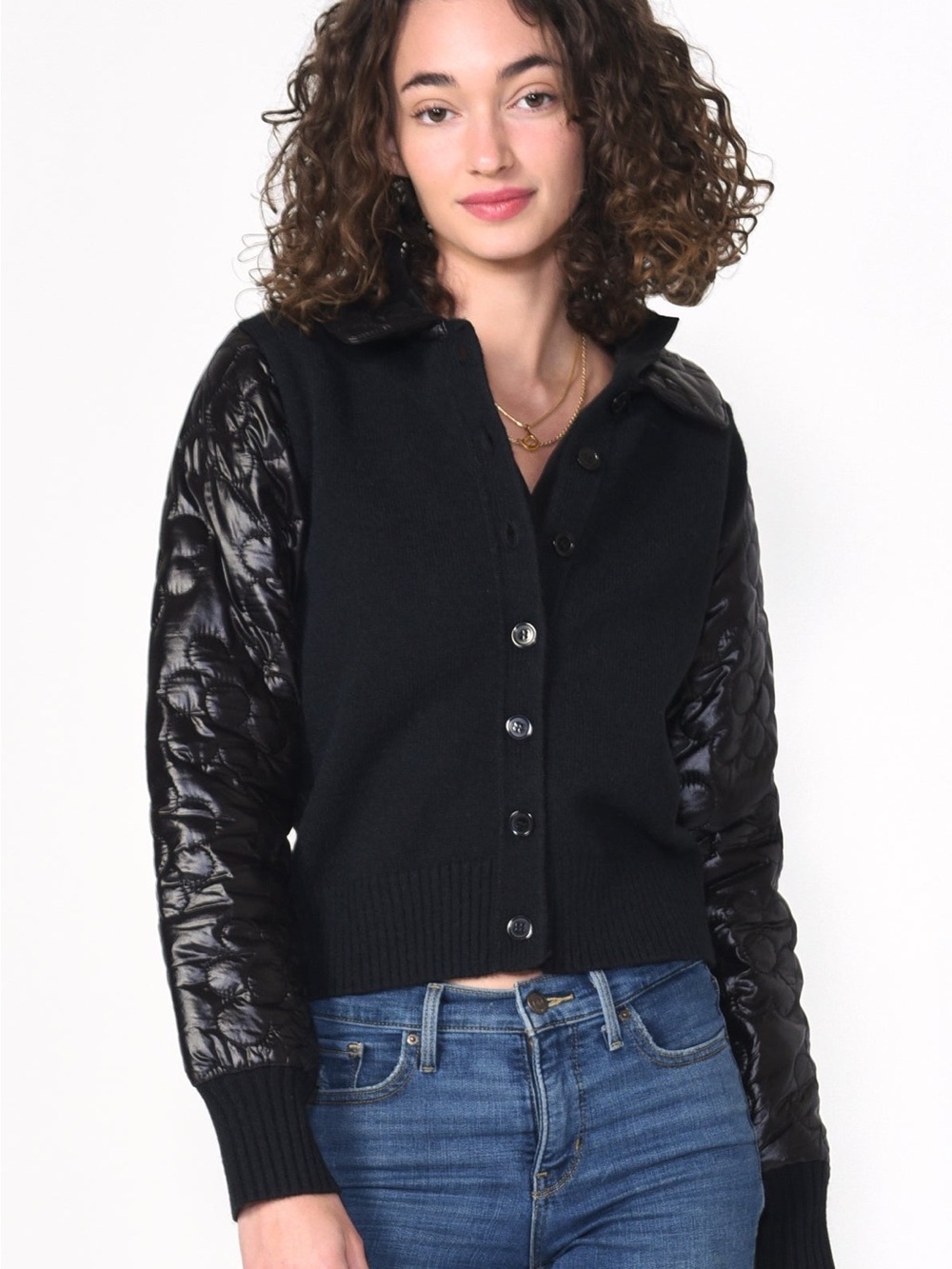 Black Mixed-Media Quilted Sleeve sweater size Small